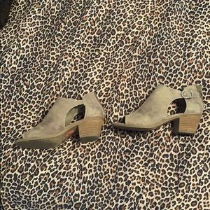 Tan open toe booties